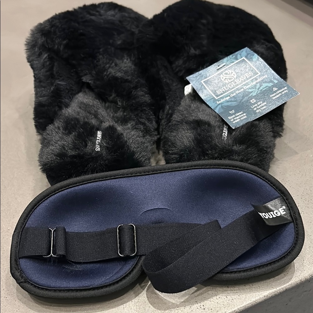 Snugleaves Black Slippers and Youige Black Sleep Mask Set NWT